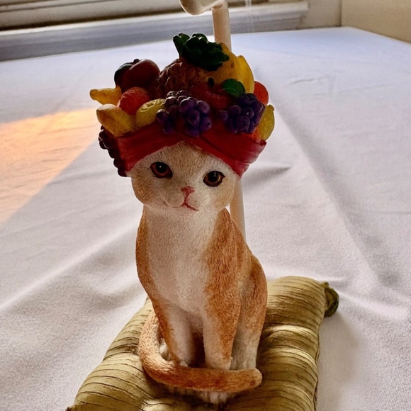 Orange Tabby Cat with Fruit (Carmen Mirandaish) Hat Votive Candle Holder w Shade - Picture 4 of 15